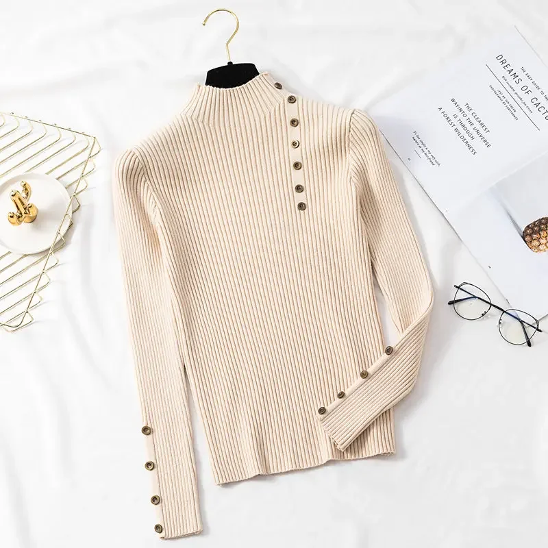 2025 Women Autumn Knitted Slim Sweaters Solid Knitted Female Cotton Soft Elastic Color Pullovers Button Full Sleeve Turtleneck
2025 Women Autumn Knitted Slim Sweaters Solid Knitted Female Cotton Soft Elastic Color Pullovers Button Full Sleeve Turtleneck