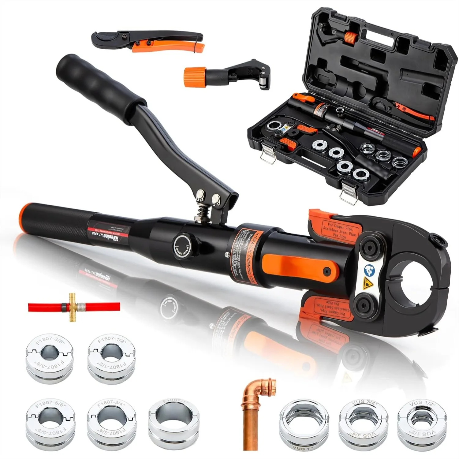 Hydraulic Copper Press Tool, Pex Crimping Tool with 1/2", 3/4", 1" Dies for Copper Pipe & 3/8"-1" Dies for PEX Rings, 360°
Hydraulic Copper Press Tool, Pex Crimping Tool with 1/2", 3/4", 1" Dies for Copper Pipe & 3/8"-1" Dies for PEX Rings, 360°