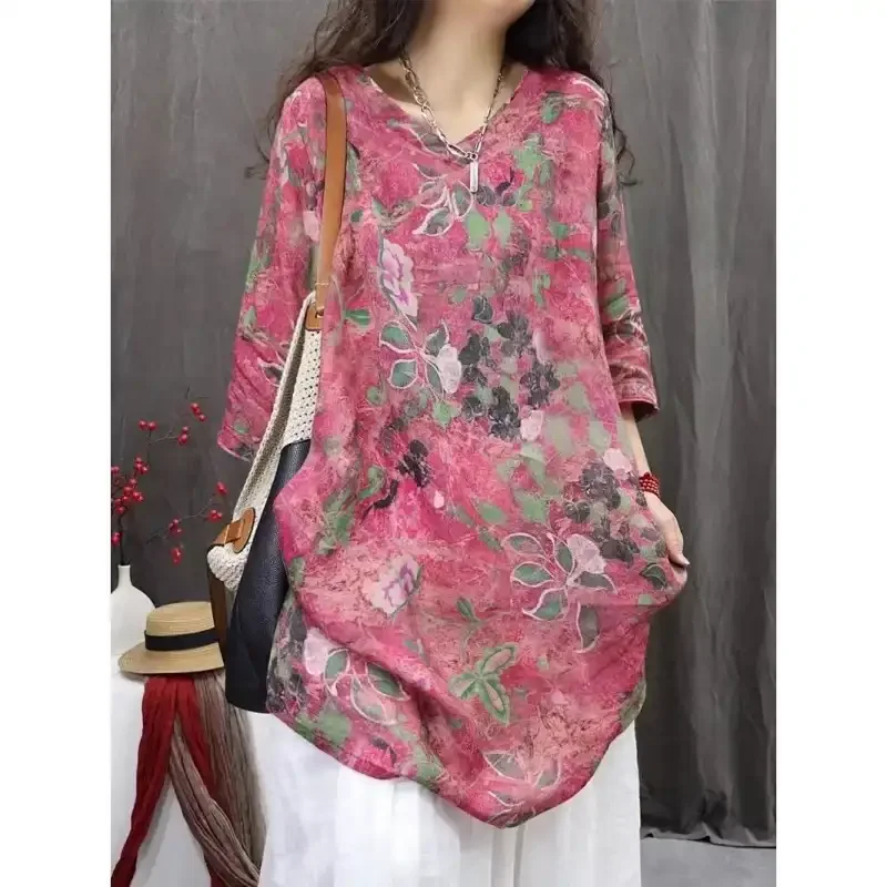 Women Floral Print Linen Blend Mid Length Tunic Shirt Casual V Neck Loose Blouse
Women Floral Print Linen Blend Mid Length Tunic Shirt Casual V Neck Loose Blouse