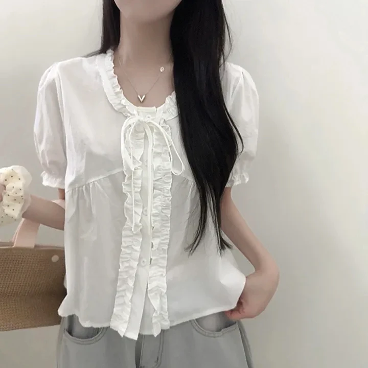 Korean Style Sweet V-neck Pleated Pure Color Short Sleeve Women's Shirt Versatile Flower Collar Single Button Top
Korean Style Sweet V-neck Pleated Pure Color Short Sleeve Women's Shirt Versatile Flower Collar Single Button Top