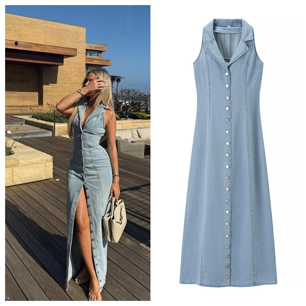 European and American style new sexy slim-fit single-breasted sleeveless long denim dress
European and American style new sexy slim-fit single-breasted sleeveless long denim dress