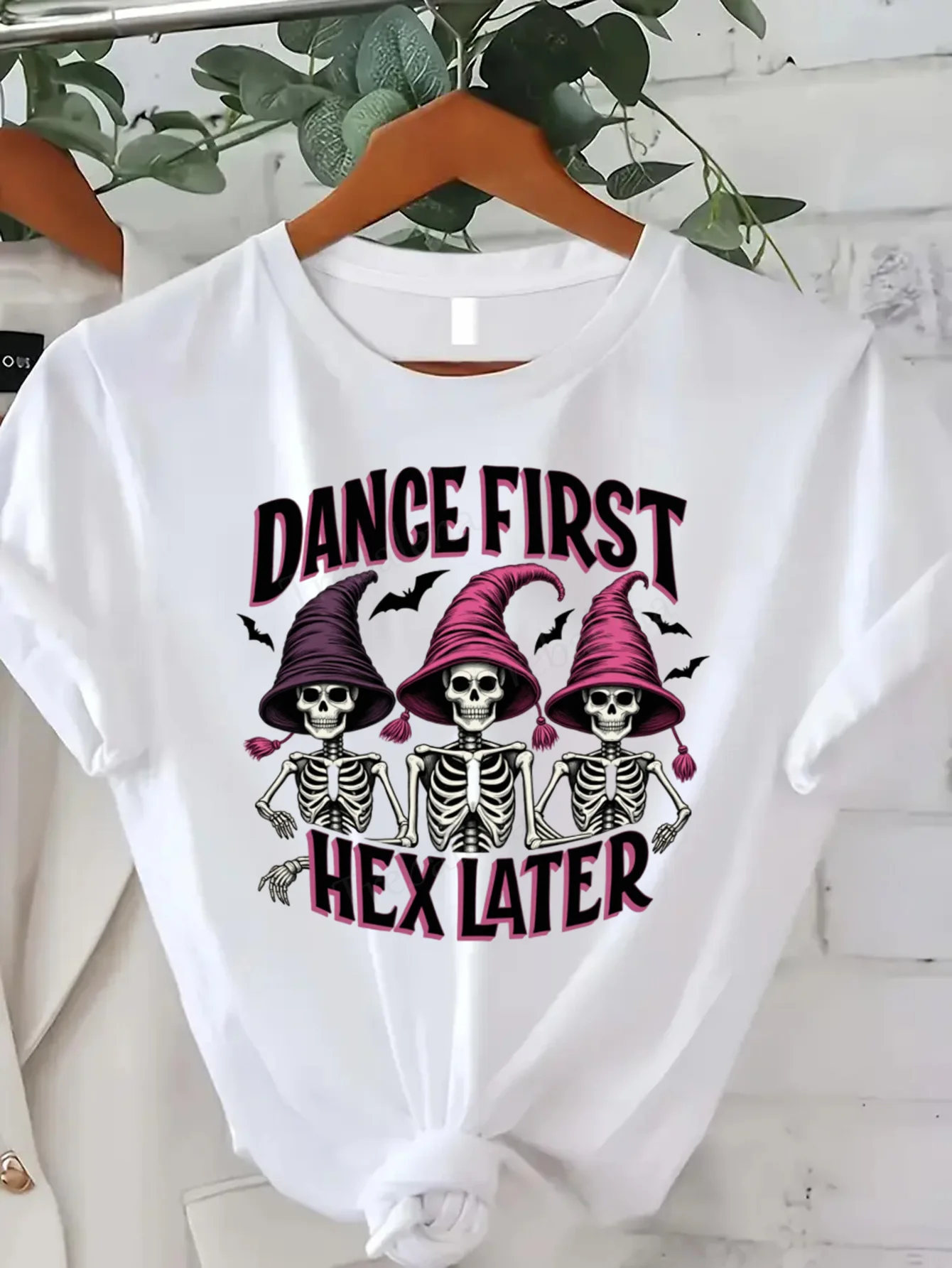 Round Neck T-shirt Dance First Hex Later Witch Skeletons Halloween T-Shirt Women Plus Size Short Sleeve Tee Fashion Casual Top
Round Neck T-shirt Dance First Hex Later Witch Skeletons Halloween T-Shirt Women Plus Size Short Sleeve Tee Fashion Casual Top