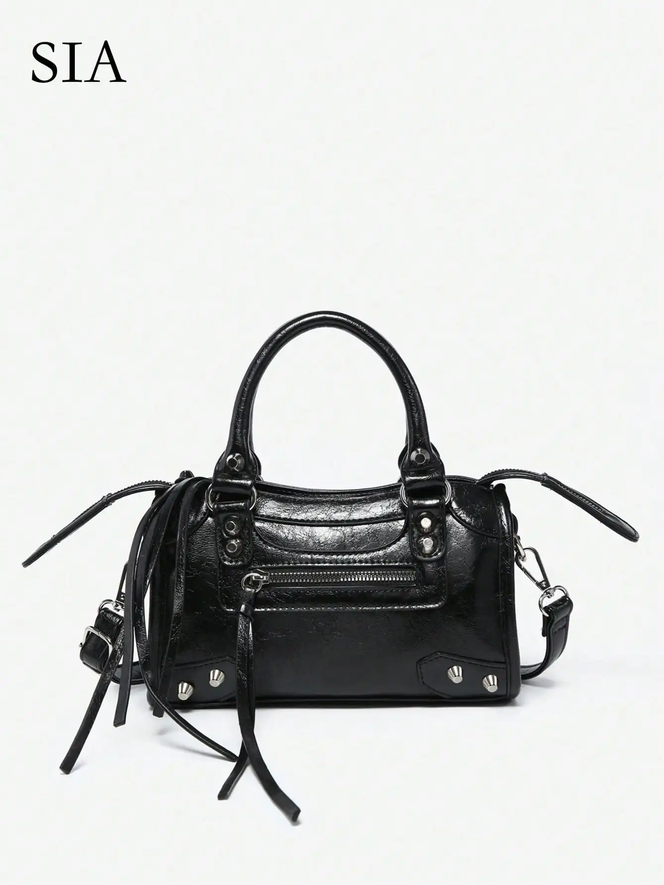 Women's Black Faux Leather Top-Handle Bag with Rivets & Fringe Detail
Women's Black Faux Leather Top-Handle Bag with Rivets & Fringe Detail