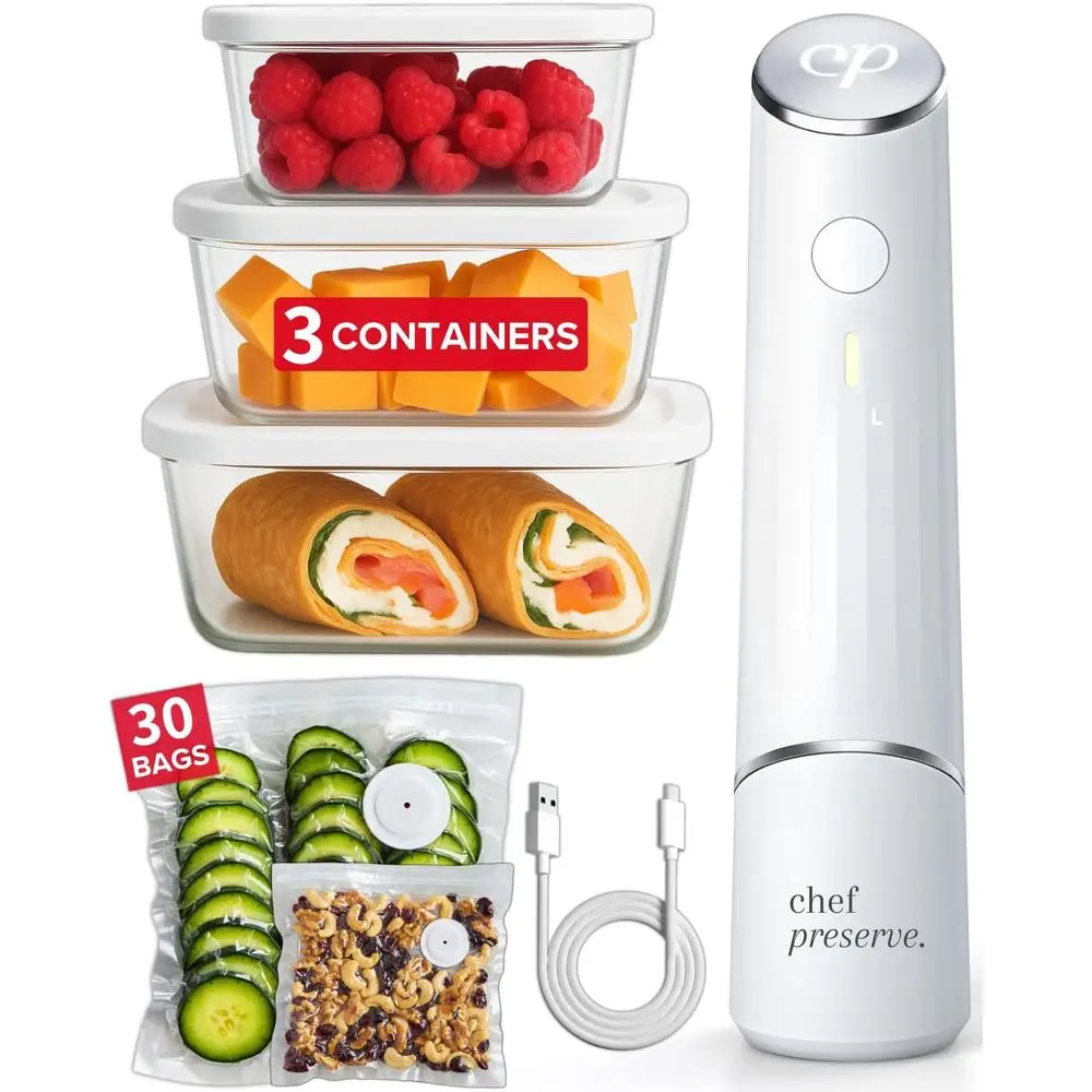 Portable Handheld Vacuum Sealer Kit with 3 Glass Containers and 30 Reusable Bags
Portable Handheld Vacuum Sealer Kit with 3 Glass Containers and 30 Reusable Bags