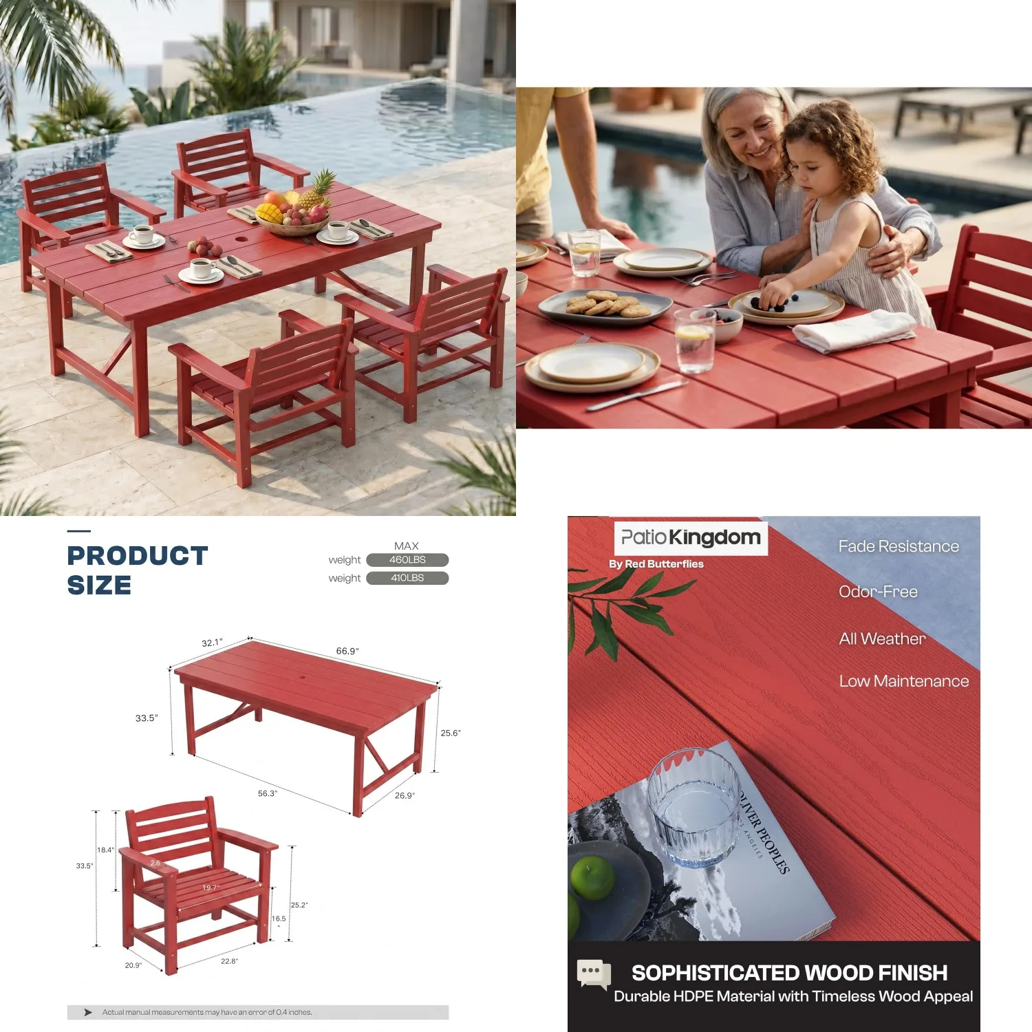 4 Seat Patio Dining Set HDPE All Weather Table Umbrella Hole Balcony Deck Backyard Customized
4 Seat Patio Dining Set HDPE All Weather Table Umbrella Hole Balcony Deck Backyard Customized