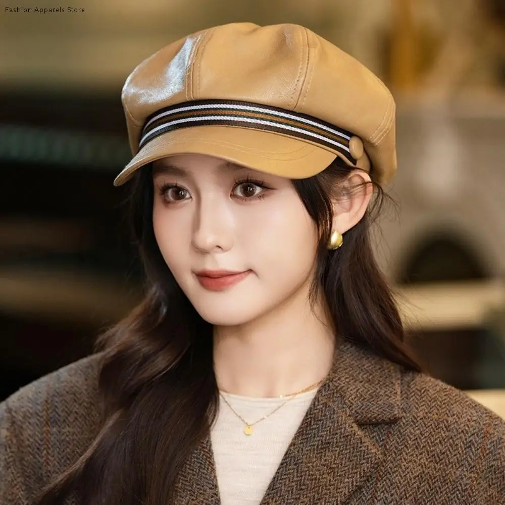 Fashion Stripe Pu Leather Beret Windproof British Style Octagonal Hat Korean Style Flat Painter Hat Autumn
Fashion Stripe Pu Leather Beret Windproof British Style Octagonal Hat Korean Style Flat Painter Hat Autumn