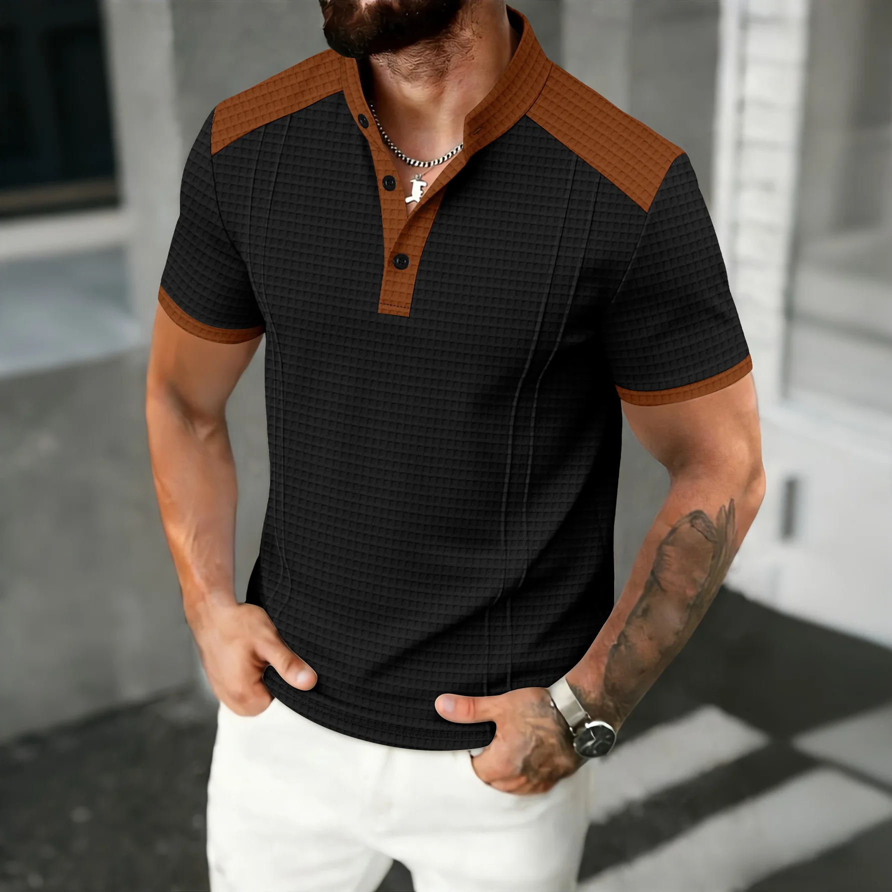 New men's waffle color-block Henry collar short-sleeved T-shirt - Stand-up collar, half-open front, casual and breathable top
New men's waffle color-block Henry collar short-sleeved T-shirt - Stand-up collar, half-open front, casual and breathable top