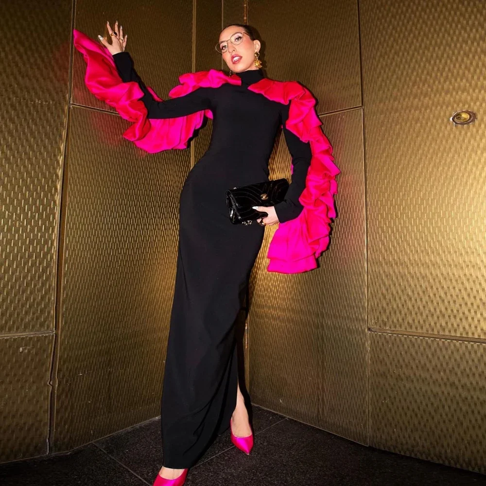 High Neck Bicolor Black Satin Straight Woman Clothes Ankle Length Ruffled Long Sleeve Evening Dress With Slit Fuchsia Gowns
High Neck Bicolor Black Satin Straight Woman Clothes Ankle Length Ruffled Long Sleeve Evening Dress With Slit Fuchsia Gowns