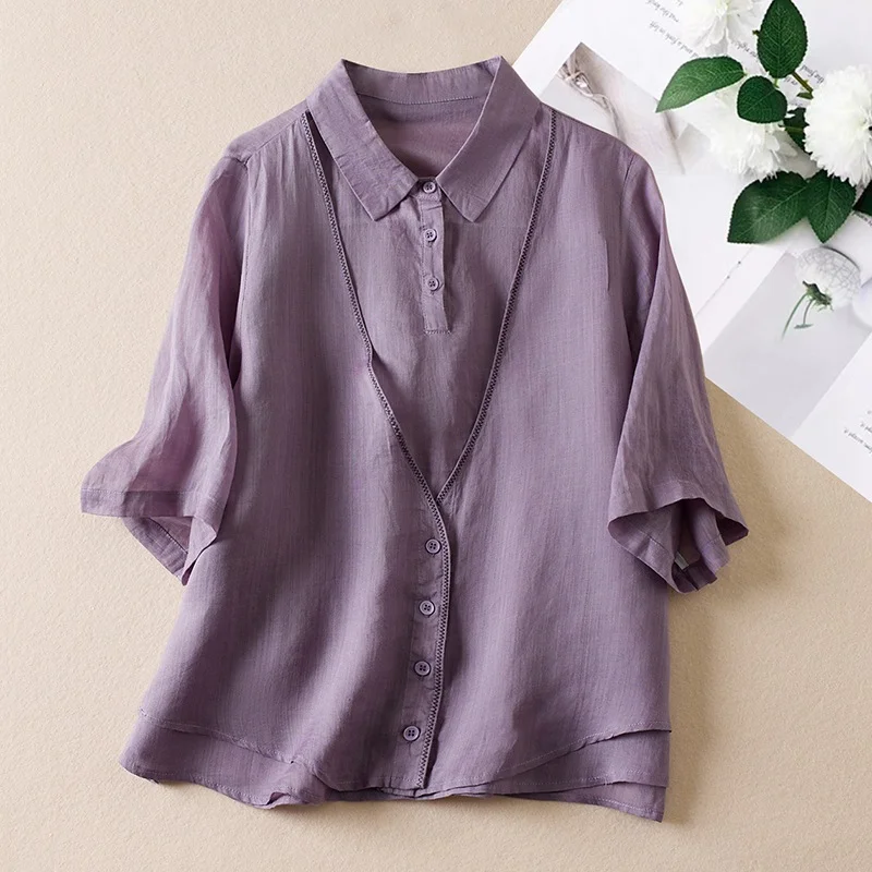 Women Lapel Fake Two Piece Linen Blouse Hollow Edge Half Sleeve Loose Casual Summer Tops
Women Lapel Fake Two Piece Linen Blouse Hollow Edge Half Sleeve Loose Casual Summer Tops