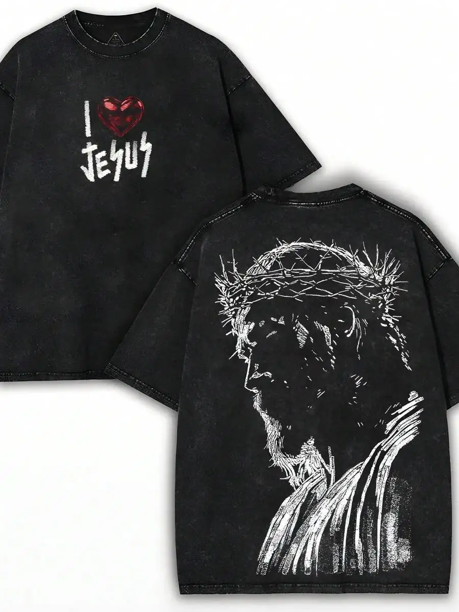 Vintage Streetwear Black Washed Cotton Tee With Jesus Cross Graphic
Vintage Streetwear Black Washed Cotton Tee With Jesus Cross Graphic