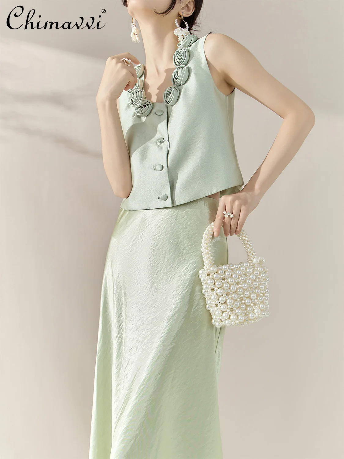 French Elegant Temperament Casual 3D Rose V-neck Sleeveless Single-breasted Shirt High Waist Slim Long Skirt Two-piece Set Women
French Elegant Temperament Casual 3D Rose V-neck Sleeveless Single-breasted Shirt High Waist Slim Long Skirt Two-piece Set Women