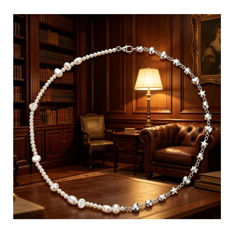 Natural Freshwater Pearl Star Heart Chain Necklace, Silver Plated Choker for Women
Natural Freshwater Pearl Star Heart Chain Necklace, Silver Plated Choker for Women