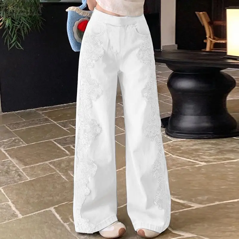 Women's Street Fashion False-Denim Pants Elastic Back Waist Lace Paneled Color-Blocked Trousers ZANZEA Casual Commuting Jeans
Women's Street Fashion False-Denim Pants Elastic Back Waist Lace Paneled Color-Blocked Trousers ZANZEA Casual Commuting Jeans