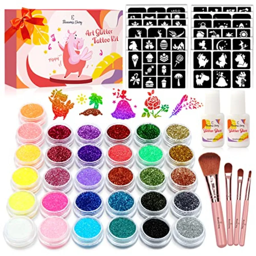 Temporary Glitter Tattoo,31 Glitter Colors, 165 Unique Stencils, 2 Glue, 4 Brushes, Adults and Arts Glitter Make Up Kit, Gifts
Temporary Glitter Tattoo,31 Glitter Colors, 165 Unique Stencils, 2 Glue, 4 Brushes, Adults and Arts Glitter Make Up Kit, Gifts
