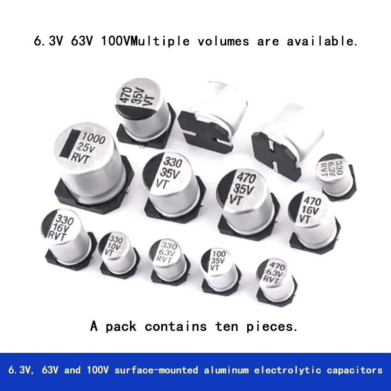 10PCS 6.3V, 63V, 100V SMD aluminum electrolytic capacitors, 2.2/47/10/22/100/220/470/1000μF
10PCS 6.3V, 63V, 100V SMD aluminum electrolytic capacitors, 2.2/47/10/22/100/220/470/1000μF