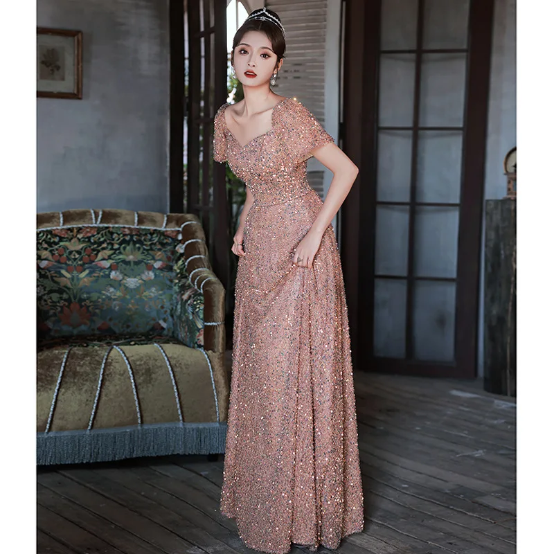 Pink Sequin Long Evening Dress Lady Sweet Square Neck Short Sleeve Floor-Length Cocktails Gown Female Exquisite Dresses
Pink Sequin Long Evening Dress Lady Sweet Square Neck Short Sleeve Floor-Length Cocktails Gown Female Exquisite Dresses
