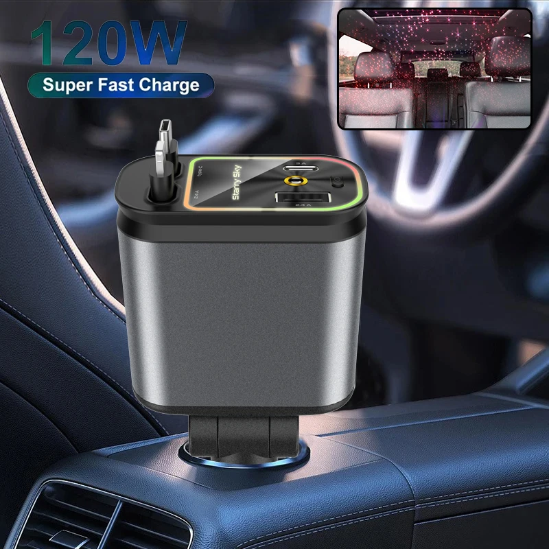 Автомобильное зарядное устройство 4 в 1 с выдвижным кабелем Атмосферная лампа Звездный верхний свет Адаптер 120 Вт Автомобильное зарядное устройство для телефона Порты USB Type-C 12-24 В
Автомобильное зарядное устройство 4 в 1 с выдвижным кабелем Атмосферная лампа Звездный верхний свет Адаптер 120 Вт Автомобильное зарядное устройство для телефона Порты USB Type-C 12-24 В