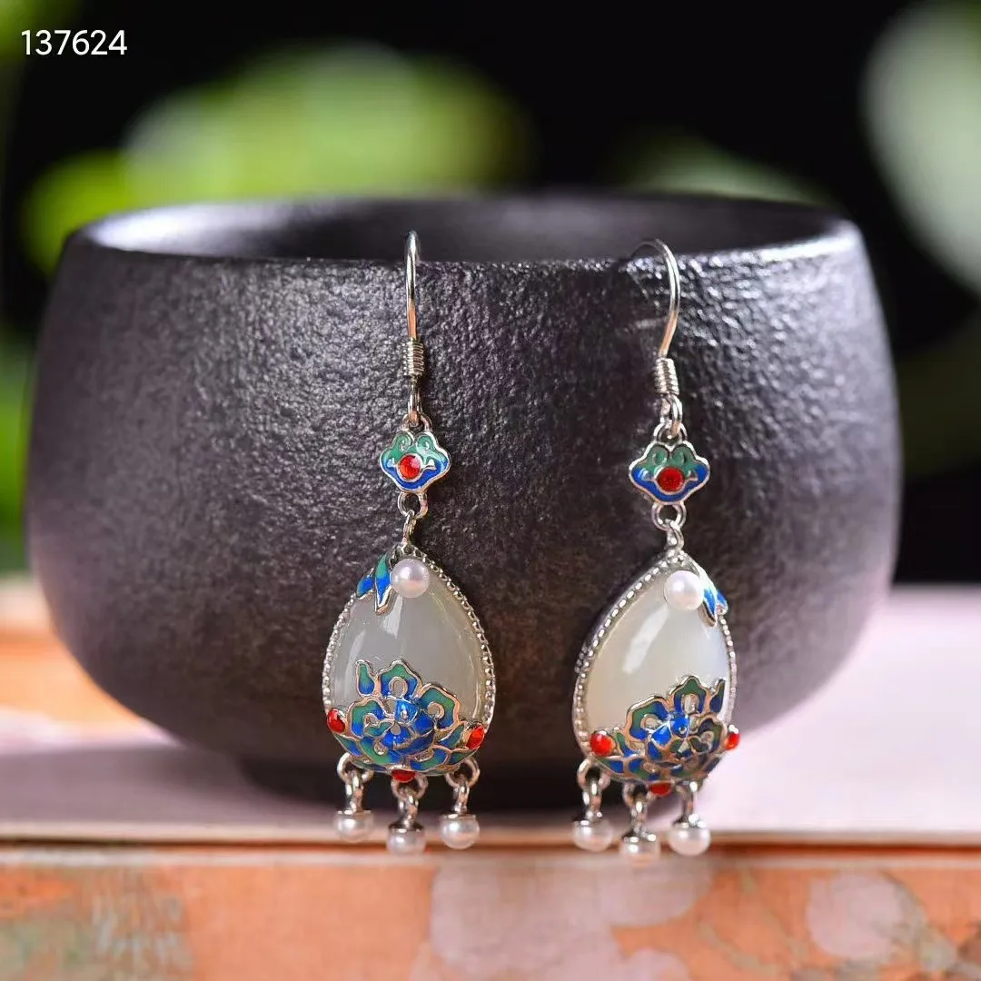 Natural 100% real 925 sterling silver flower mosaic white hetian jade Drop beads fashion Earrings temperament women earrings
Natural 100% real 925 sterling silver flower mosaic white hetian jade Drop beads fashion Earrings temperament women earrings