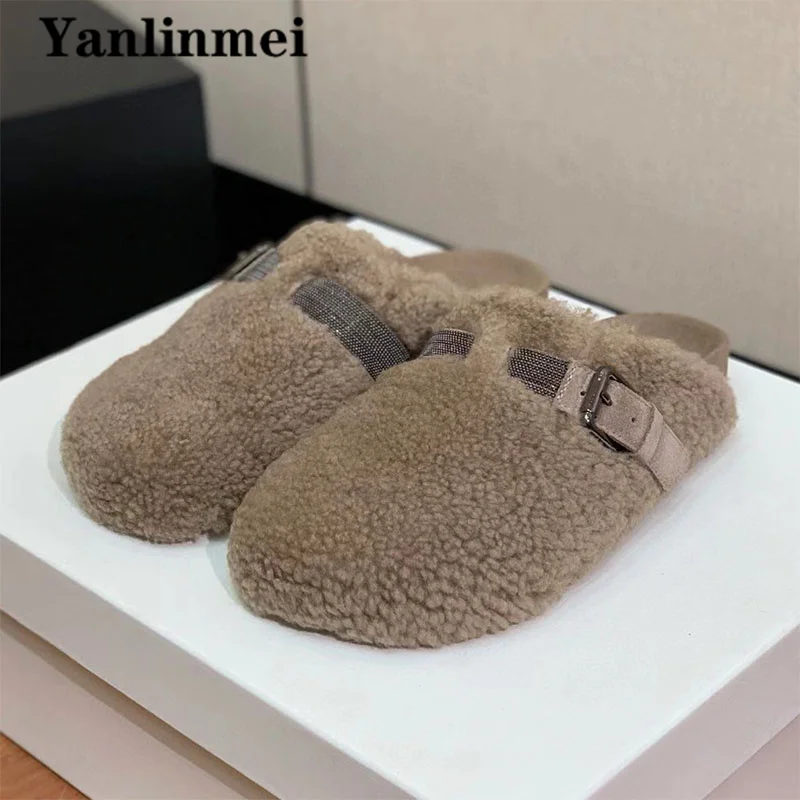 High Quality Wool Slippers Women Round Toe String Bead Metal Buckle Slides Street Style Mules Shoes Comfort Flat Slippers Woman
High Quality Wool Slippers Women Round Toe String Bead Metal Buckle Slides Street Style Mules Shoes Comfort Flat Slippers Woman