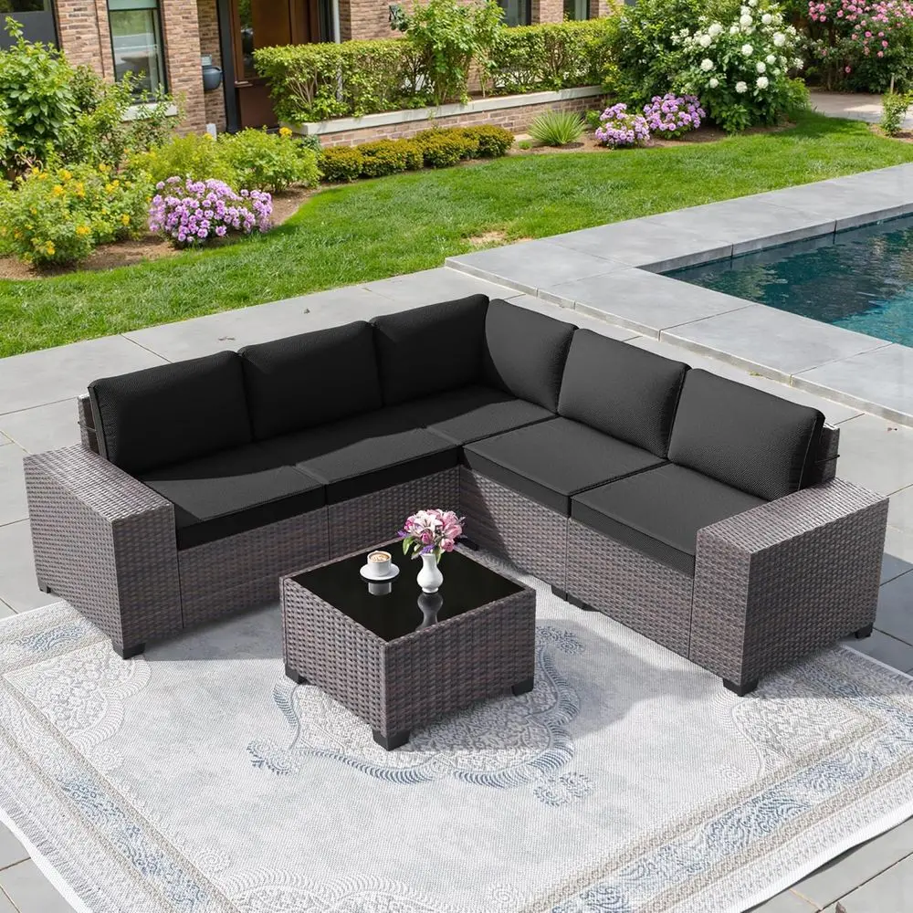 All-Weather Outdoor Patio Sectional Set with PE Rattan Wicker, Coffee Table, and 5 Cushions, Black
All-Weather Outdoor Patio Sectional Set with PE Rattan Wicker, Coffee Table, and 5 Cushions, Black