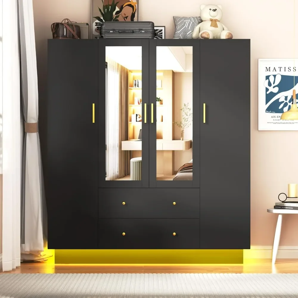 4 Doors Armoire Wardrobe Closet with Mirror, LED Armoire with Doors and Drawers, Wooden Armoire Storage Cabinet with Hanging Rod
4 Doors Armoire Wardrobe Closet with Mirror, LED Armoire with Doors and Drawers, Wooden Armoire Storage Cabinet with Hanging Rod