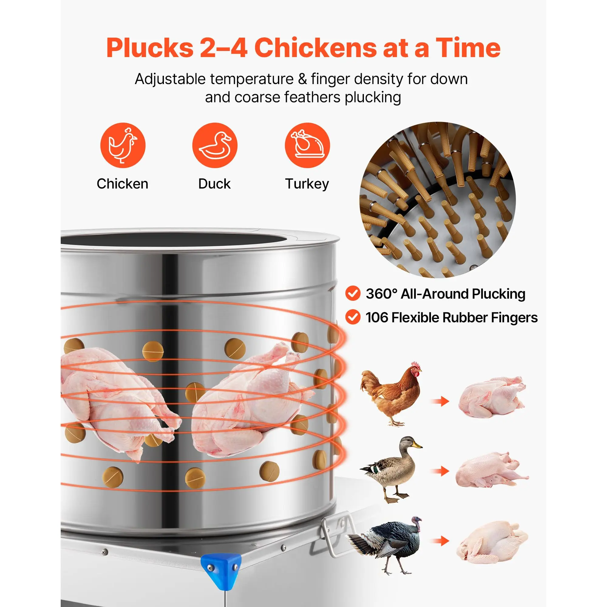 Chicken Plucker Machine, 19.7 in Drum, 2HP & 275RPM Electric Chicken Plucking Machine with 106 Soft Fingers & Transport Wheels, Stainless Steel Feather Remover for Processing 2-4 Chicks Once
Chicken Plucker Machine, 19.7 in Drum, 2HP & 275RPM Electric Chicken Plucking Machine with 106 Soft Fingers & Transport Wheels, Stainless Steel Feather Remover for Processing 2-4 Chicks Once