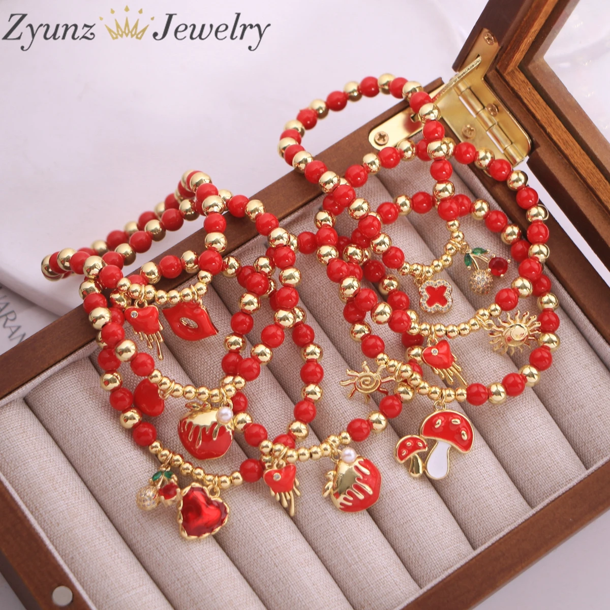 10PCS, New Fashion Gold Red Beads With Heart Cherry Mushroom Hamdmade Bracelet for Women Jewelry Accessories Holiday Gift
10PCS, New Fashion Gold Red Beads With Heart Cherry Mushroom Hamdmade Bracelet for Women Jewelry Accessories Holiday Gift