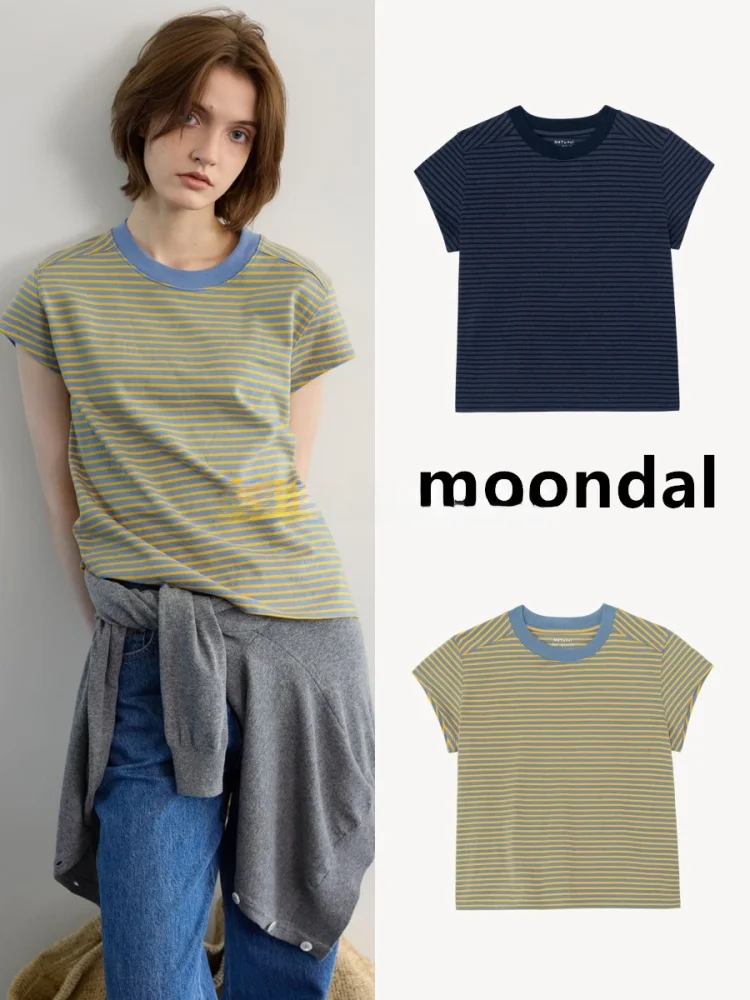 Moondal 25 Новая летняя женская футболка из 100% хлопка, приталенная, с круглым вырезом, в полоску, с коротким рукавом, повседневная модная женская футболка-топ
Moondal 25 Новая летняя женская футболка из 100% хлопка, приталенная, с круглым вырезом, в полоску, с коротким рукавом, повседневная модная женская футболка-топ