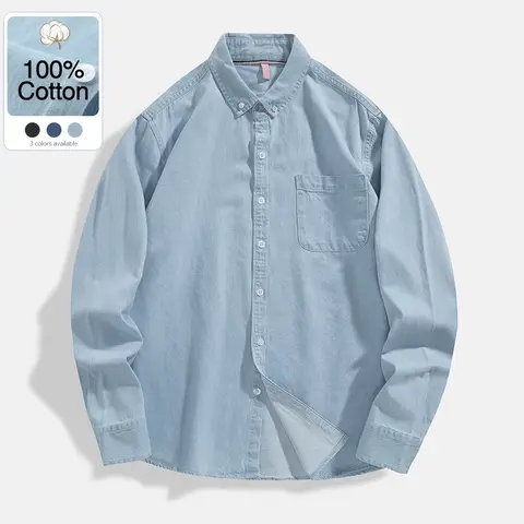 100% Cotton Comfortable Denim Shirt Men Autumn New Fashion Slim Long-sleeved Male Shirt Streetwear Classic Black Light Blue