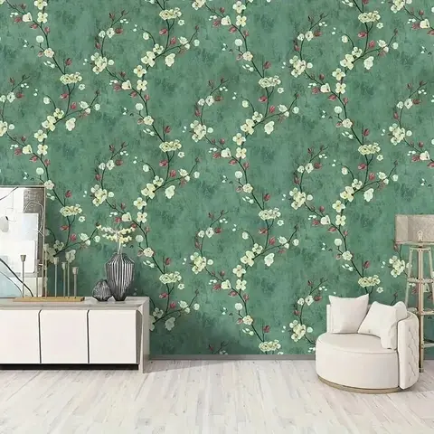 10M Vibrant Retro Ink Green Floral Self-Adhesive Vinyl Wallpaper-Peel and Stick,Waterproof,Removable,Living Room Furniture Table