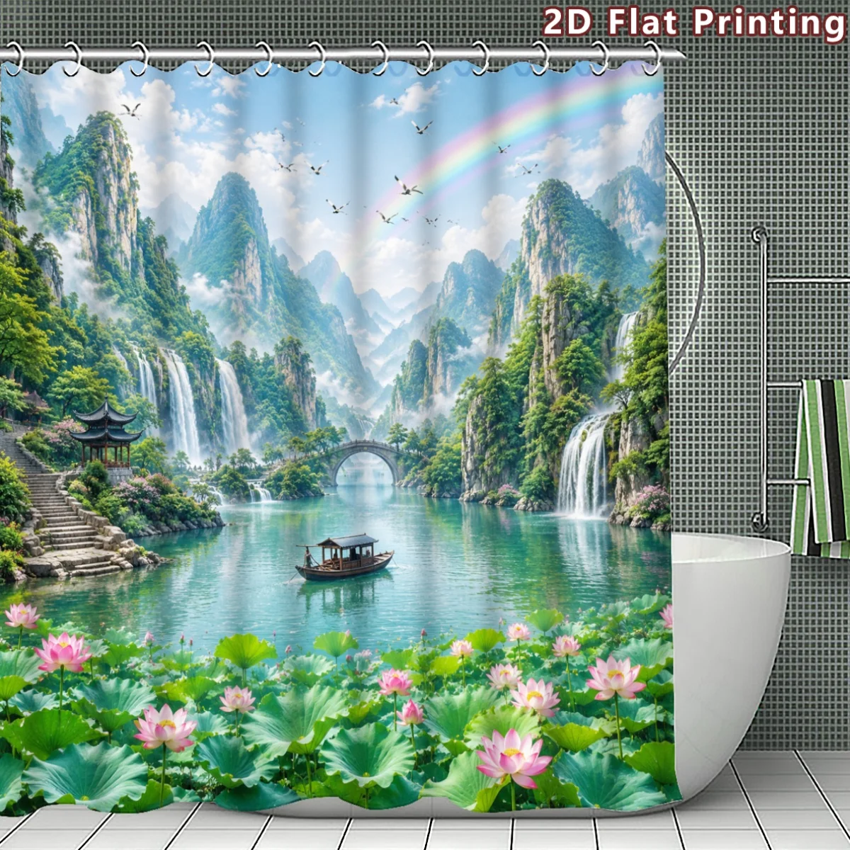 Waterproof Waterfall Shower Curtain Zen Landscape Lotus Flowers Mountains Chinese Style Bath Tapestry Decoration
Waterproof Waterfall Shower Curtain Zen Landscape Lotus Flowers Mountains Chinese Style Bath Tapestry Decoration