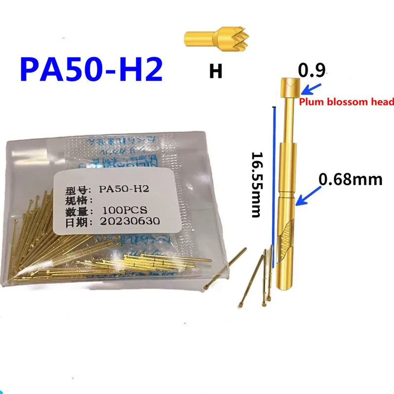 100PCS/Pack Gold-plated PA50-H2 Nine Claw Plum Blossom Head Spring Test Probe Outer Diameter 0.68mm Length 16.55mm PCB Pogo Pin
100PCS/Pack Gold-plated PA50-H2 Nine Claw Plum Blossom Head Spring Test Probe Outer Diameter 0.68mm Length 16.55mm PCB Pogo Pin