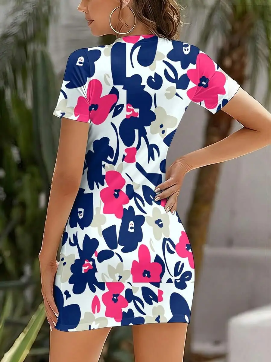 Womens Floral Print Short Sleeve Fitted Dress Round Neck Summer Beach Vacation Dress
Womens Floral Print Short Sleeve Fitted Dress Round Neck Summer Beach Vacation Dress