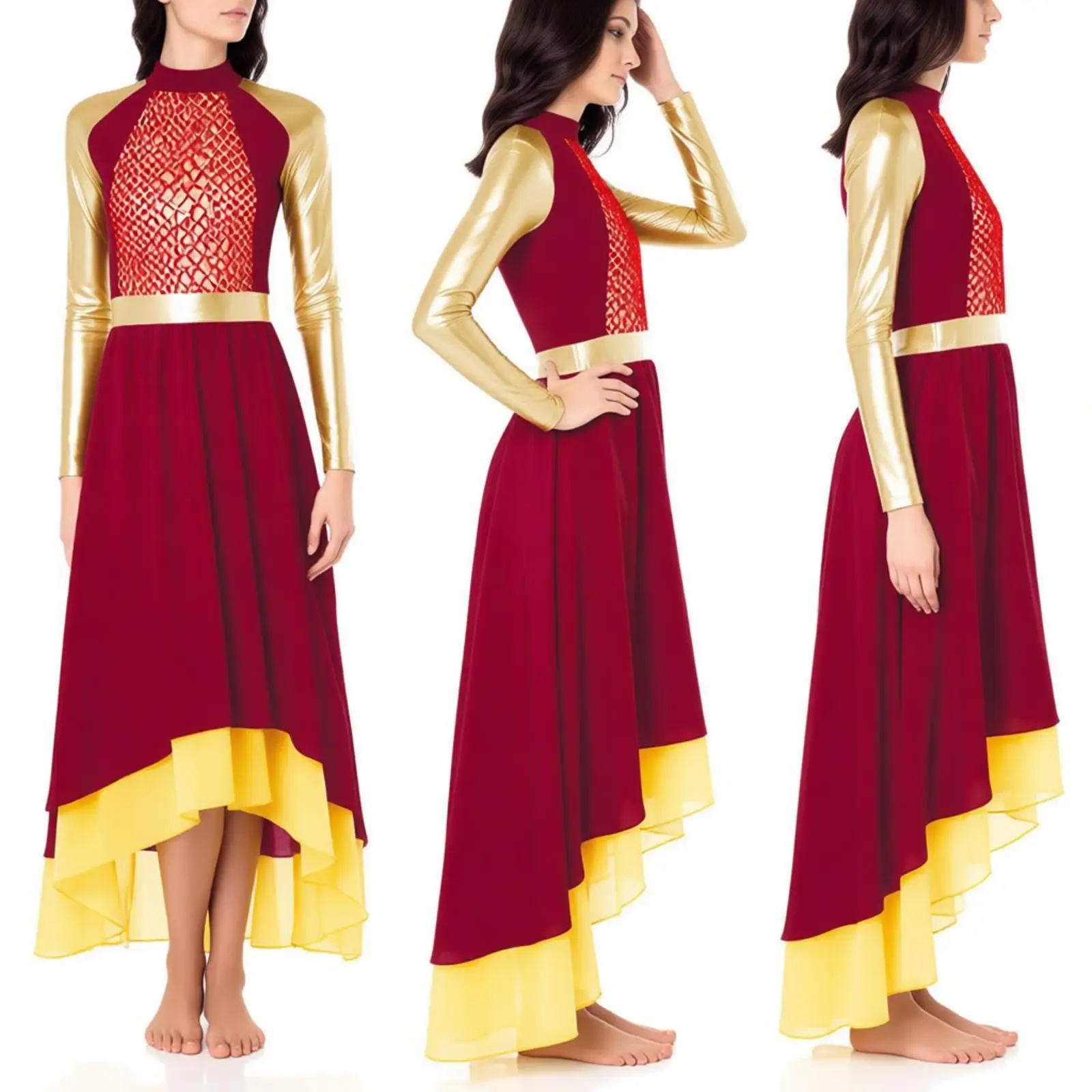 Women Shiny Liturgical Worship Praise Dance Dress Figure Skating Lyrical Dancewear 2-layer Chiffon High-low Hem Tunic Dresses
Women Shiny Liturgical Worship Praise Dance Dress Figure Skating Lyrical Dancewear 2-layer Chiffon High-low Hem Tunic Dresses