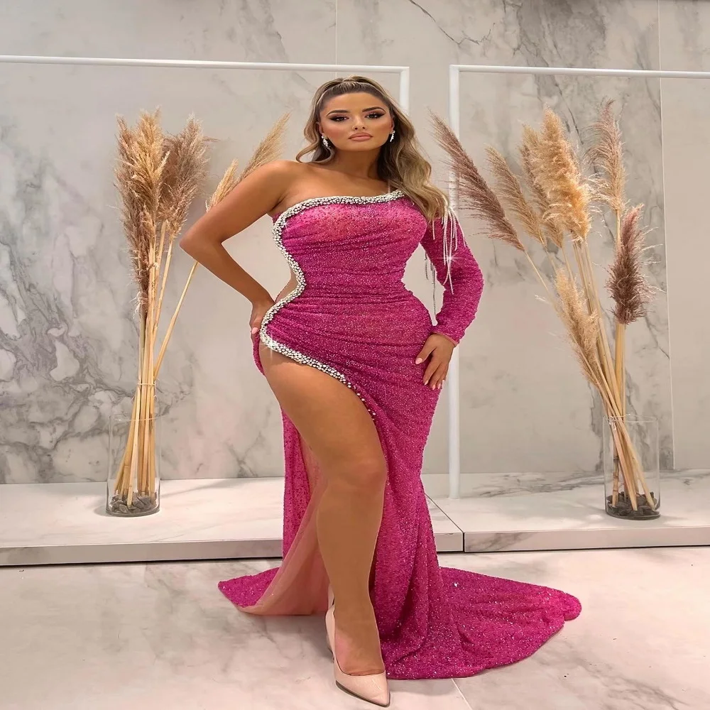 Popular Women's Outfits Rose Red Oblique Shoulder Long Sequins High Split Sexy Fashion Asymmetric Waist Wrap Dress Host Clothing
Popular Women's Outfits Rose Red Oblique Shoulder Long Sequins High Split Sexy Fashion Asymmetric Waist Wrap Dress Host Clothing