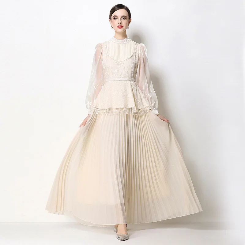 Luxury Lace Beading Splice Long Dresses Women Long Sleeves Round Neck Big Swing Dress Autumn High Waist Fold Knee Length Dress
Luxury Lace Beading Splice Long Dresses Women Long Sleeves Round Neck Big Swing Dress Autumn High Waist Fold Knee Length Dress