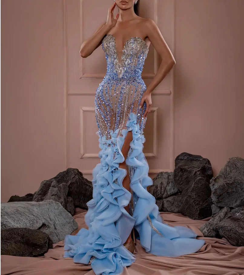 Mermaid Party Gowns Elegant Evening Dresses Sequins Strapless Prom Dress See Through Side Split Vestidos De Noche Customized
Mermaid Party Gowns Elegant Evening Dresses Sequins Strapless Prom Dress See Through Side Split Vestidos De Noche Customized