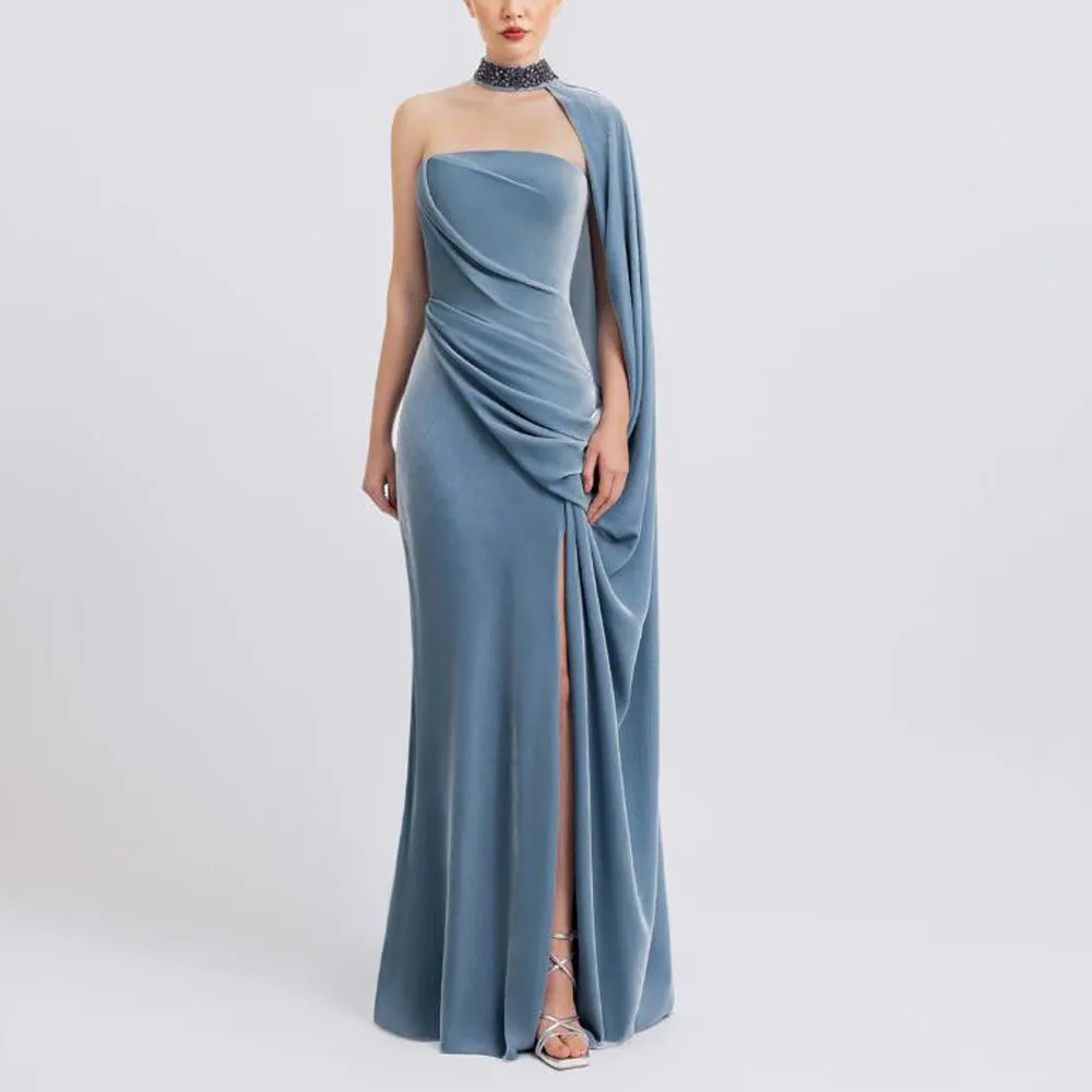 Customized Strapless Velvet Evening Dresses with Split Halter Cape Mermaid Formal Dress Draped Long فساتين سهرات
Customized Strapless Velvet Evening Dresses with Split Halter Cape Mermaid Formal Dress Draped Long فساتين سهرات