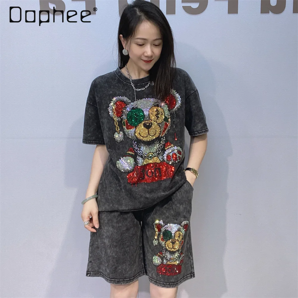 Women's Round Neck Short-sleeved T-shirt Heavy Industry Hot Diamond Set Women's Summer Casual Tie-dye Shorts Two-piece Set
Women's Round Neck Short-sleeved T-shirt Heavy Industry Hot Diamond Set Women's Summer Casual Tie-dye Shorts Two-piece Set