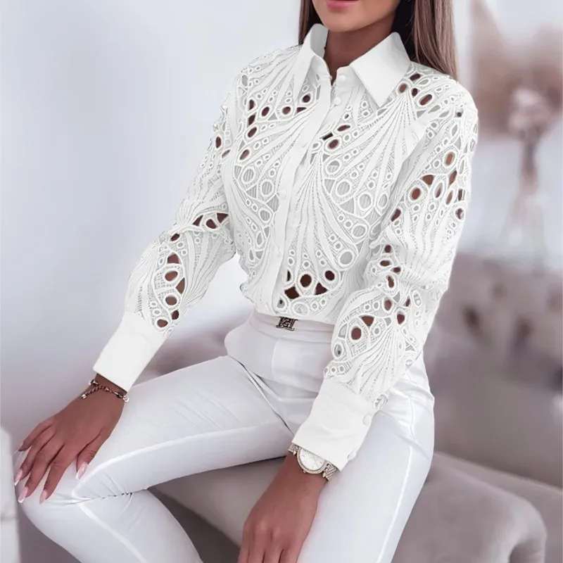 Women's Lace Hollow Out Shirts Solid Long Sleeve Turn Down Collar Slim Button Blouse OL Tops ST24270
Women's Lace Hollow Out Shirts Solid Long Sleeve Turn Down Collar Slim Button Blouse OL Tops ST24270