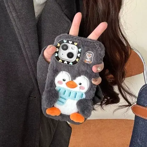 เกาหลีน่ารัก 3D Plush Penguinเคสโทรศัพท์สําหรับIPhone 16 15 14 13 Pro Max 16 PlusฤดูหนาวWarm Fluffyกันกระแทกปกหลังขนสัตว์กรณี