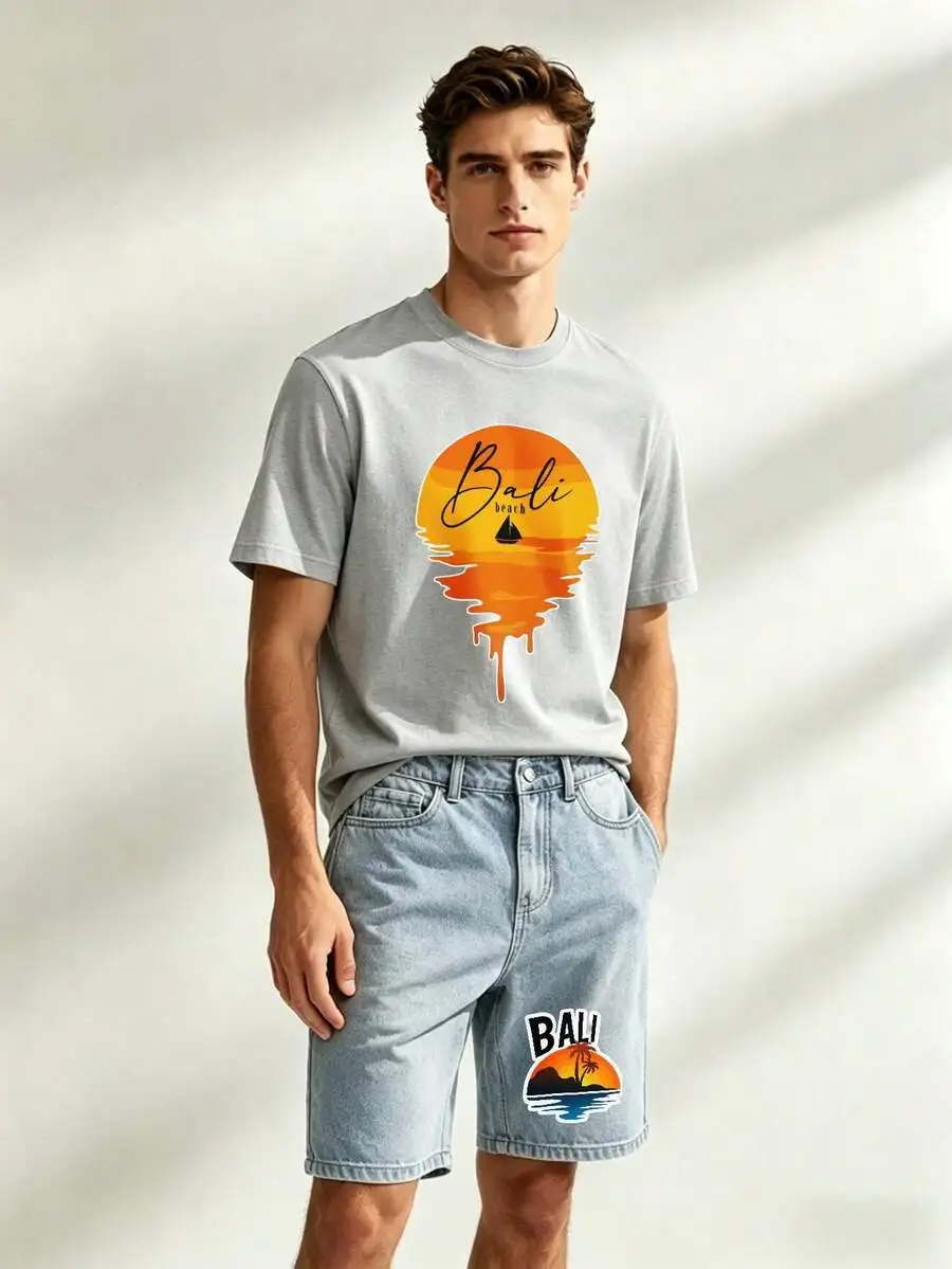 Mens Bali Sunset Print T-Shirt And Denim Shorts Set Casual Relaxed Fit Heavyweight Cotton Beachwear
Mens Bali Sunset Print T-Shirt And Denim Shorts Set Casual Relaxed Fit Heavyweight Cotton Beachwear
