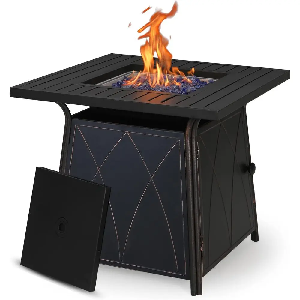 28 Outdoor Propane Fire Pit Table with 50,000 BTU, Cover, and Blue Glass for Patio and Garden, Black
28 Outdoor Propane Fire Pit Table with 50,000 BTU, Cover, and Blue Glass for Patio and Garden, Black