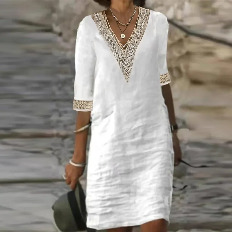 Women Cotton Linen Dress Summer Fashion Solid Color Hallow Out Mini Dresses Female Oversize Casual Mid-Sleeve Dresses Vestidos
Women Cotton Linen Dress Summer Fashion Solid Color Hallow Out Mini Dresses Female Oversize Casual Mid-Sleeve Dresses Vestidos