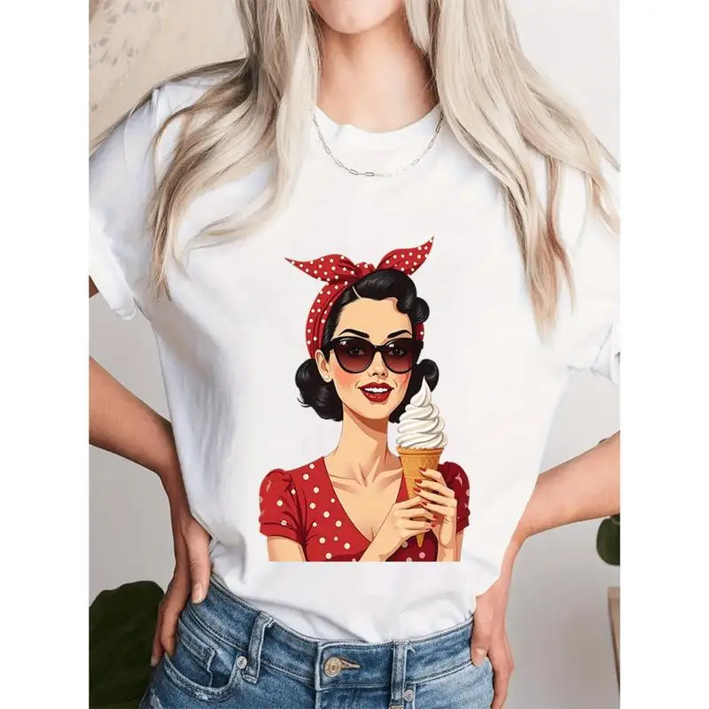 Women's Vintage Pinup Girl T-Shirt Retro Ice Cream Summer Fun Graphic Tee 50s Pop Art Aesthetic Sweet Foodie Top
Women's Vintage Pinup Girl T-Shirt Retro Ice Cream Summer Fun Graphic Tee 50s Pop Art Aesthetic Sweet Foodie Top