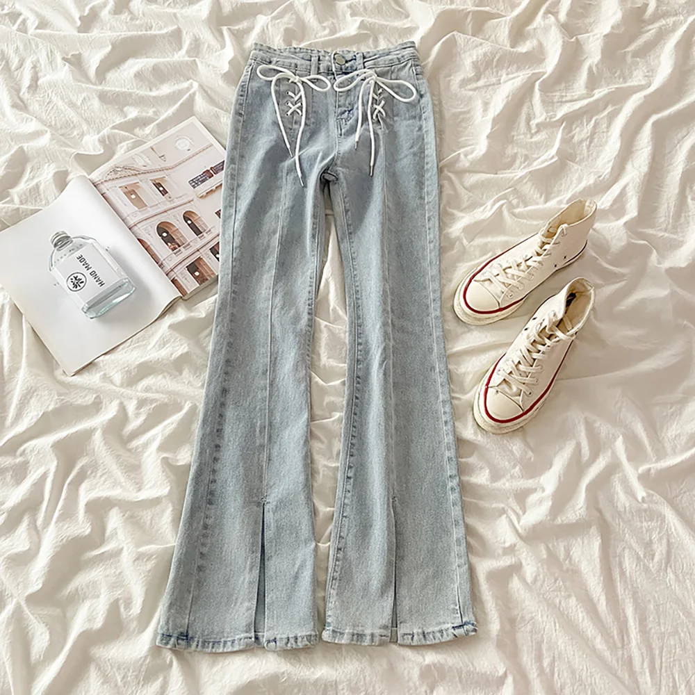 Fashion Women High Waist Slim Jeans Hot Girls Slit Flare Denim Pants Spring Autumn Bandage Design Wide Leg Trousers
Fashion Women High Waist Slim Jeans Hot Girls Slit Flare Denim Pants Spring Autumn Bandage Design Wide Leg Trousers