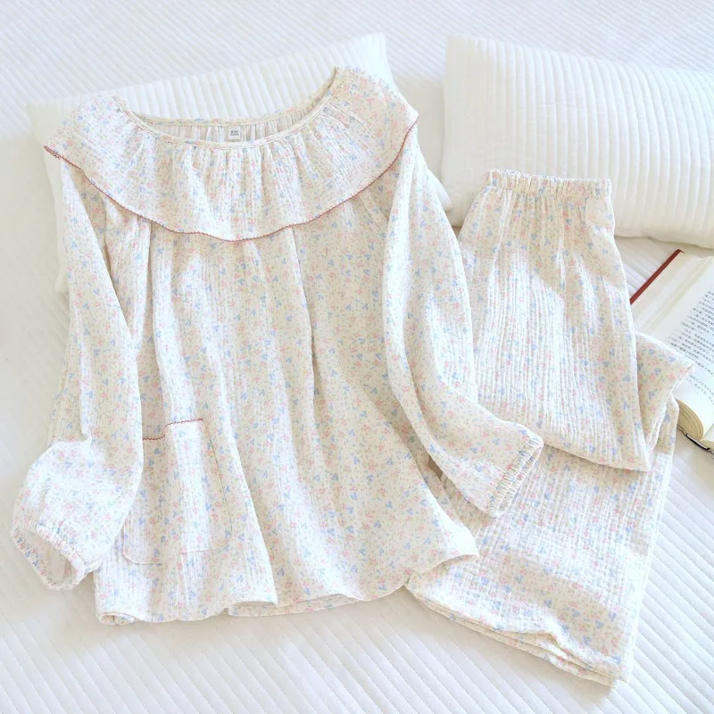 Women Double Gauze Pajama Set Pure Cotton Soft Breathable Ruffled Collar Floral Print Sleepwear All Season Romantic Loungewear
Women Double Gauze Pajama Set Pure Cotton Soft Breathable Ruffled Collar Floral Print Sleepwear All Season Romantic Loungewear