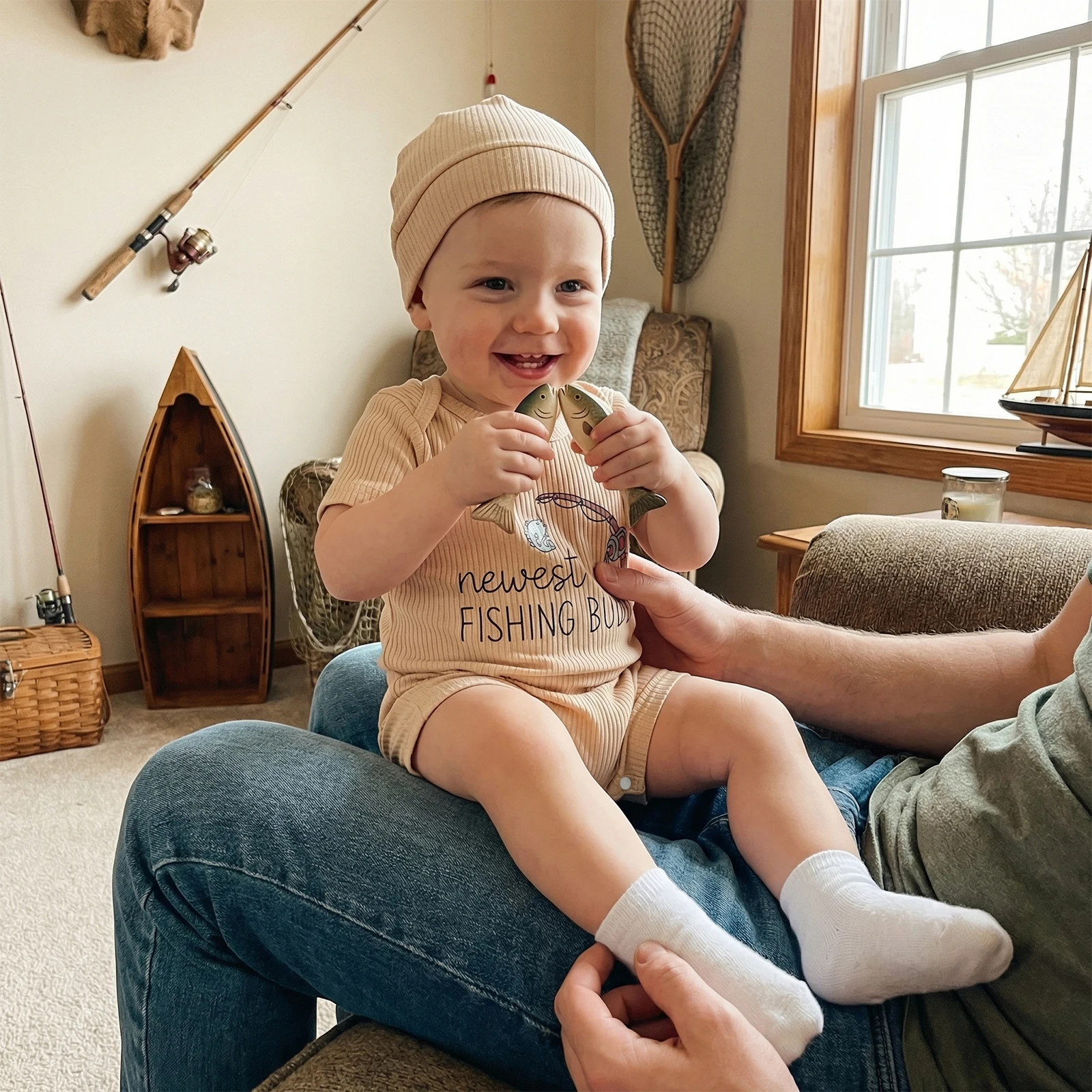 Baby Boy Summer Ribbed Jumpsuit Short Sleeve Round Neck Letter Fish Rod Print Romper with Hat
Baby Boy Summer Ribbed Jumpsuit Short Sleeve Round Neck Letter Fish Rod Print Romper with Hat