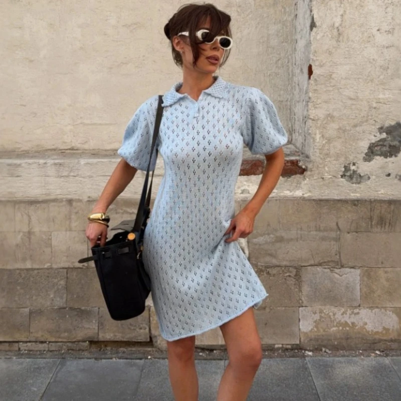 TARUXY Open-Knit Dress Women's Stylish A-Line Puff Sleeves Solid Lapel Short Knitting Dress Female Summer Commuter Casual Dress
TARUXY Open-Knit Dress Women's Stylish A-Line Puff Sleeves Solid Lapel Short Knitting Dress Female Summer Commuter Casual Dress