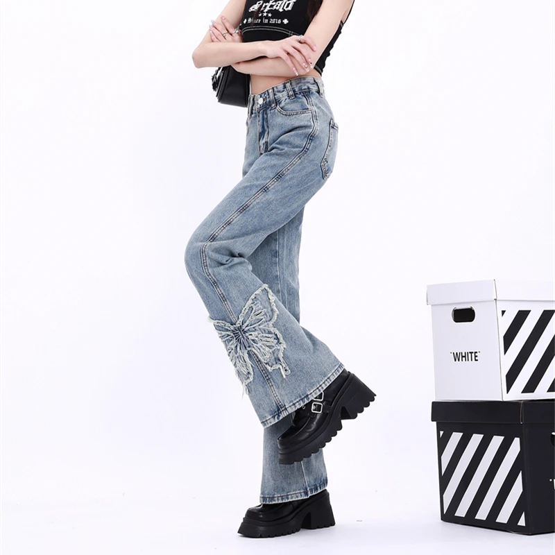 Women's Vintage Washed Butterfly Embroidered Micro Flared Jeans Cool Girl Fashion Wide Leg Denim Trousers Female High Waist Pant
Women's Vintage Washed Butterfly Embroidered Micro Flared Jeans Cool Girl Fashion Wide Leg Denim Trousers Female High Waist Pant